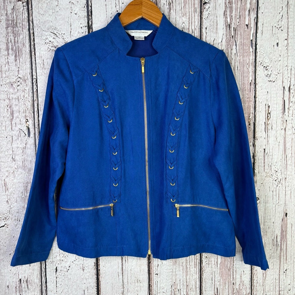 Draper’s & Damon’s Blue Faux-Suede Jacket Blazer Zip Up Petite Medium Vintage‎